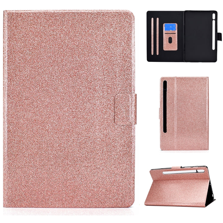 Glitter rose gold smart tablet folio case with snap-style flap and viewing stand