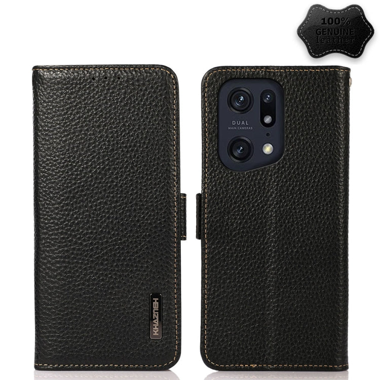Black litchi genuine leather RFID phone case with side magnetic closure, card slots