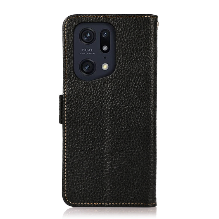 Black litchi genuine leather RFID phone case with dual camera cutout