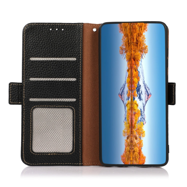 Black litchi leather wallet case with card slots and side magnetic closure