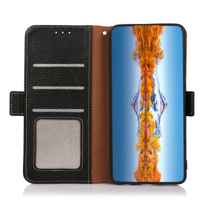 Black litchi leather wallet case with card slots and side magnetic closure