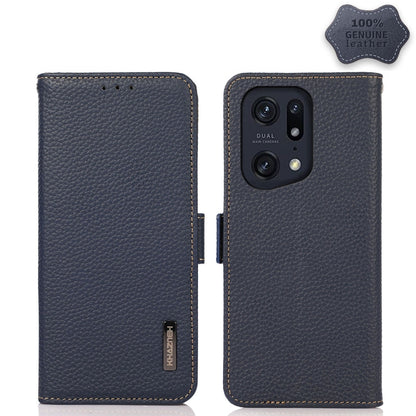 Blue litchi genuine leather RFID phone case with dual camera cutout and stitching