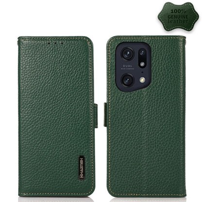 Green litchi genuine leather RFID phone case with dual camera cutout and stitching