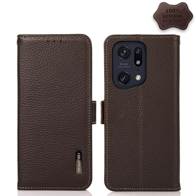 Brown litchi genuine leather RFID phone case with dual camera cutout and stitching