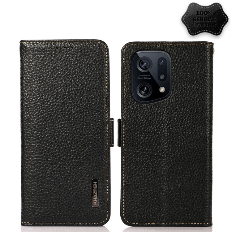 Genuine leather litchi phone case with side magnetic closure, black, flip style