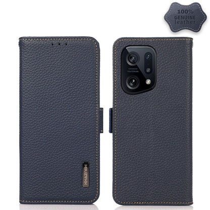 Genuine leather litchi phone case with side magnetic closure, blue, flip style