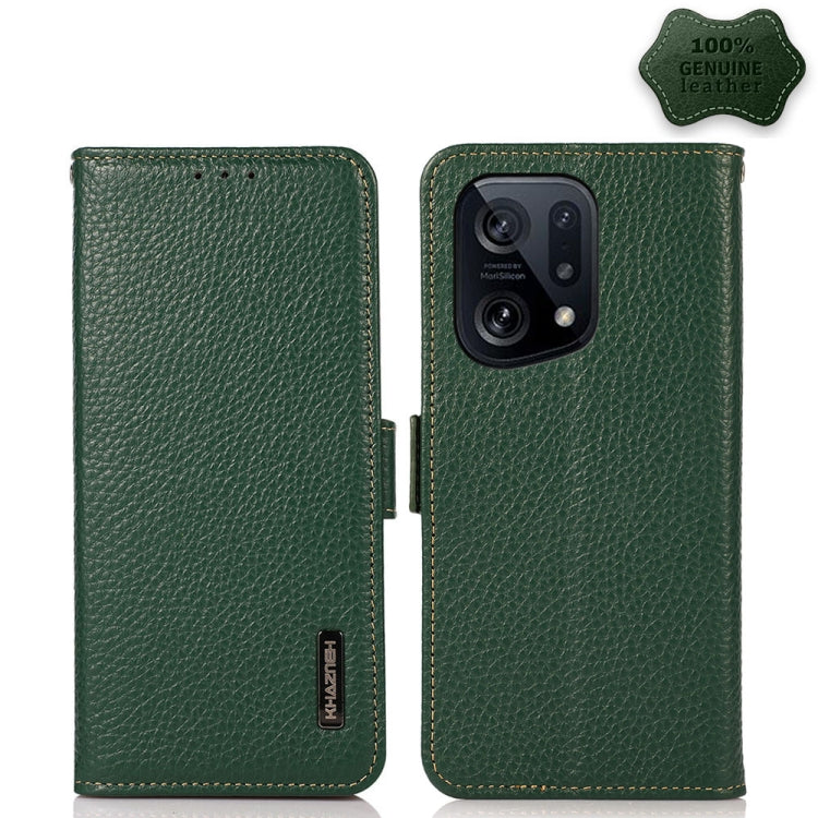 Genuine leather litchi phone case with side magnetic closure, green, flip style
