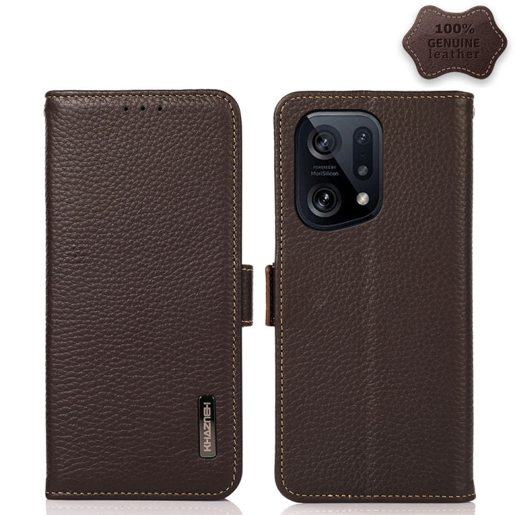 Genuine leather litchi phone case with side magnetic closure, brown, flip style