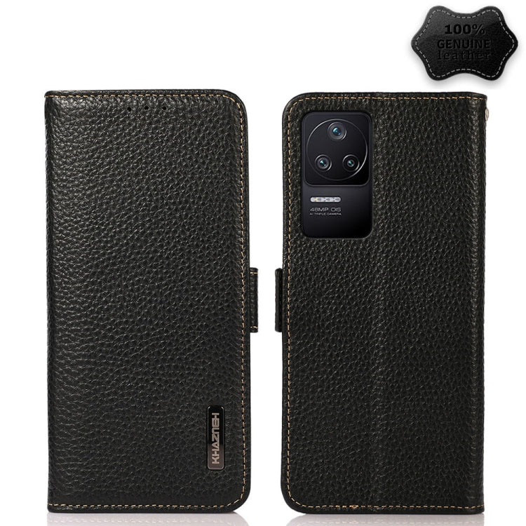 Genuine leather litchi phone case with side magnetic closure, black, camera cutout