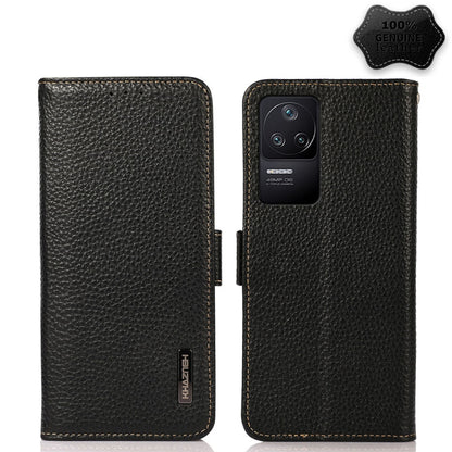 Genuine leather litchi phone case with side magnetic closure, black, camera cutout