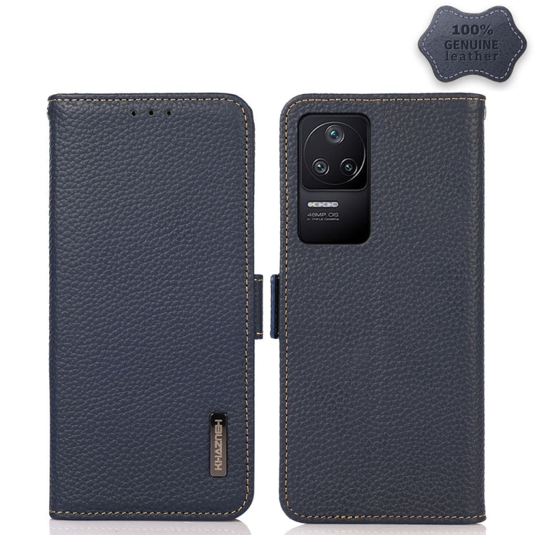 Genuine leather litchi phone case with side magnetic closure, blue, camera cutout