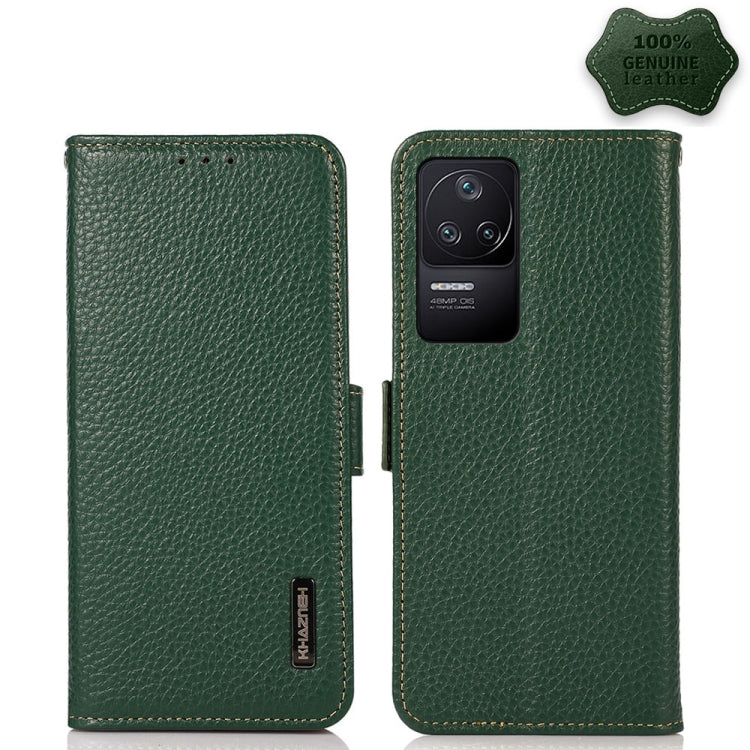 Genuine leather litchi phone case with side magnetic closure, green, camera cutout
