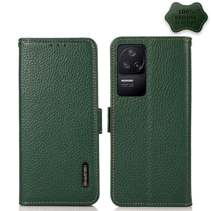 Genuine leather litchi phone case with side magnetic closure, green, camera cutout