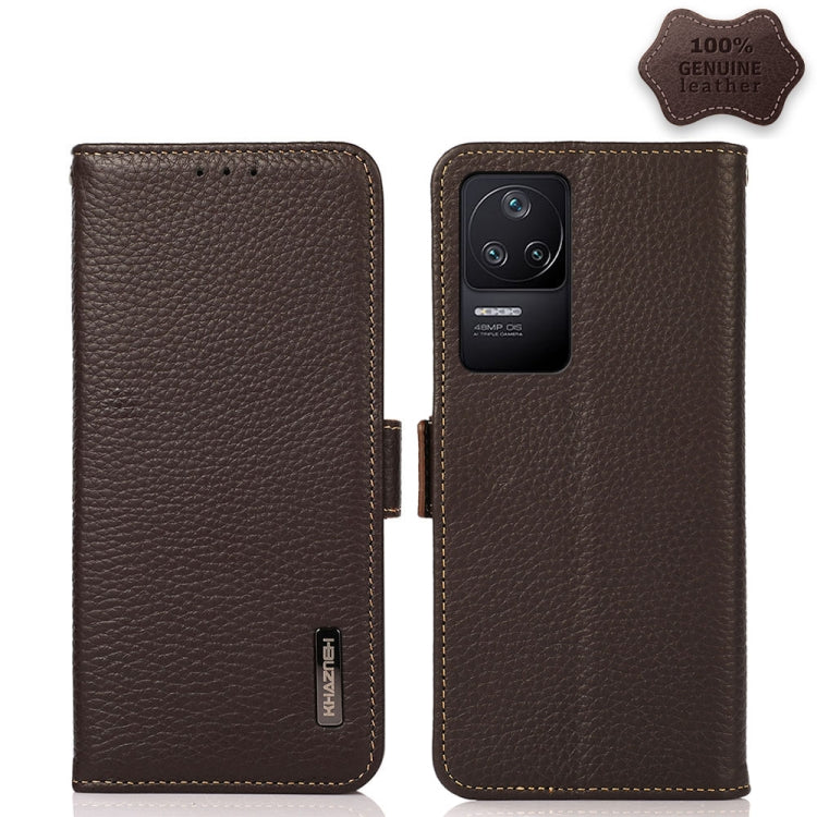 Genuine leather litchi phone case with side magnetic closure, brown, camera cutout