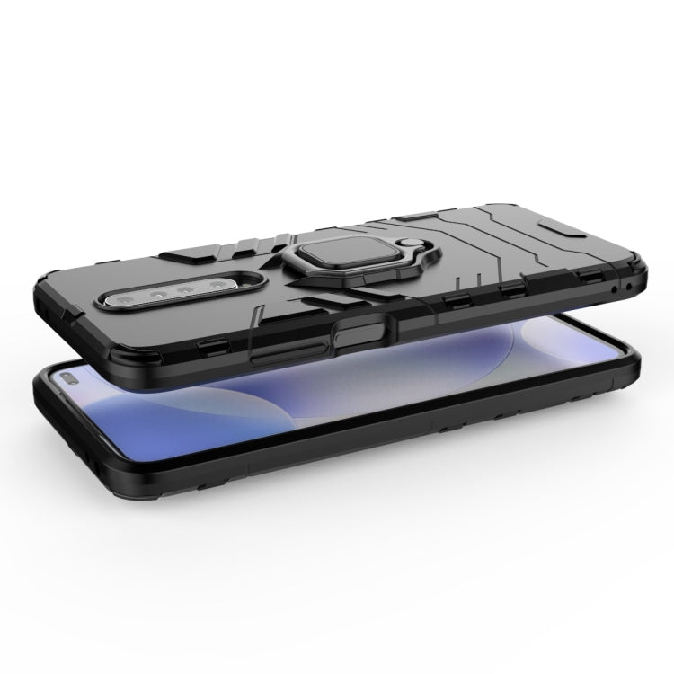 Black rugged phone case with magnetic ring holder and raised screen-camera protection