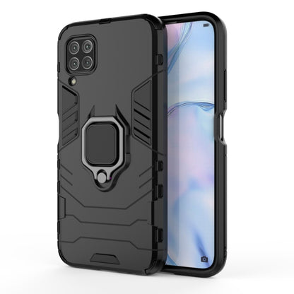 Black rugged protective phone case with magnetic ring holder and dual camera cutouts