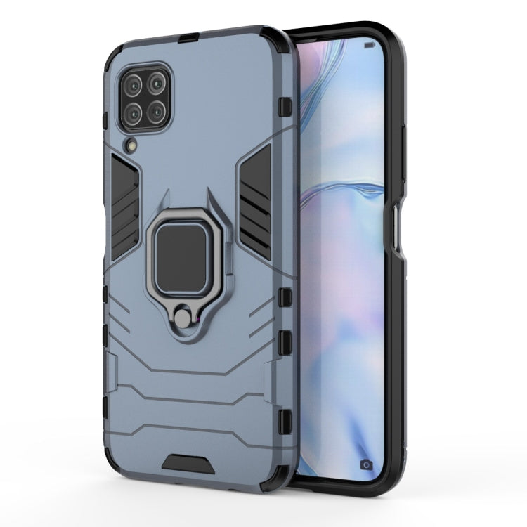 Shockproof phone case with magnetic ring holder, light blue and black armor design