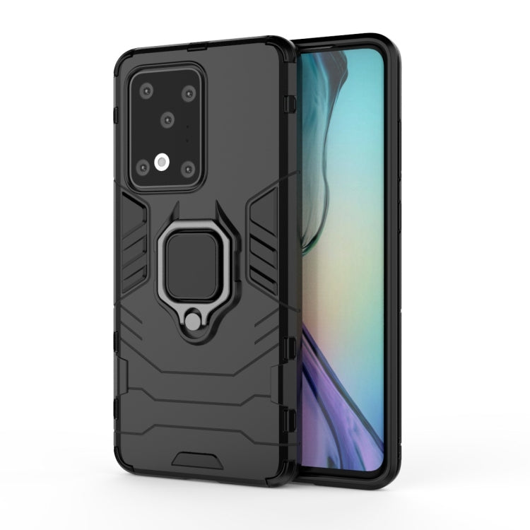 Shockproof protective phone case with magnetic ring holder, black, raised camera cutouts