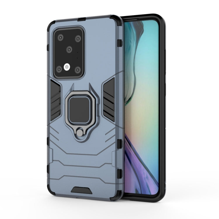 Shockproof phone case with magnetic ring holder, light blue bumper with raised corners