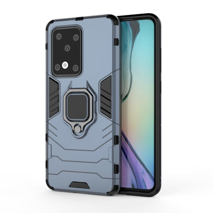 Shockproof phone case with magnetic ring holder, light blue bumper with raised corners