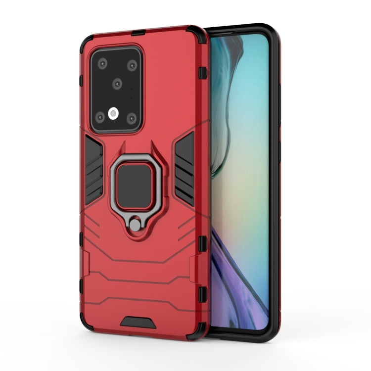 Shockproof protective phone case with magnetic ring holder, red, side grip ridges