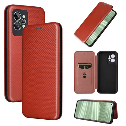 Red carbon fiber texture magnetic flip phone case with card slot window