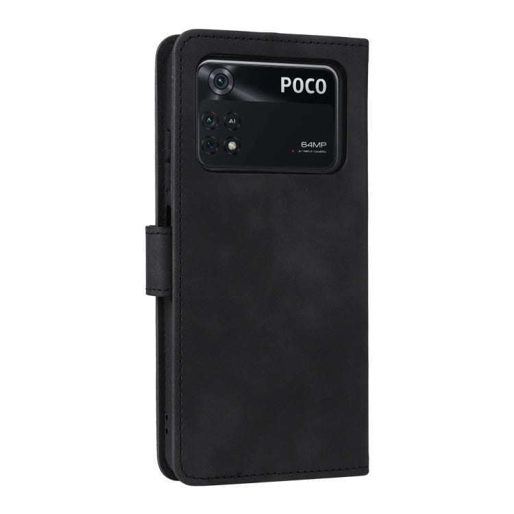 Black leather flip phone case with camera cutout and POCO logo on back panel