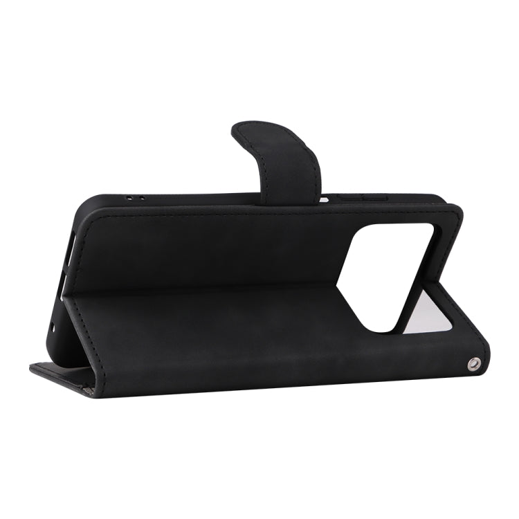 Black magnetic flip leather phone case opened as a landscape viewing stand