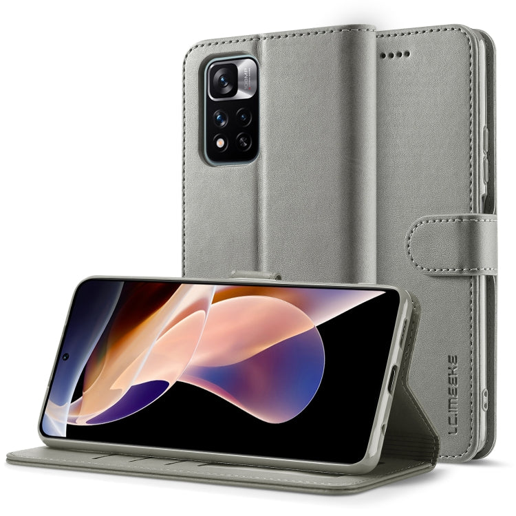 Grey textured leather folio phone case with front flap, camera cutout, and stitched edges