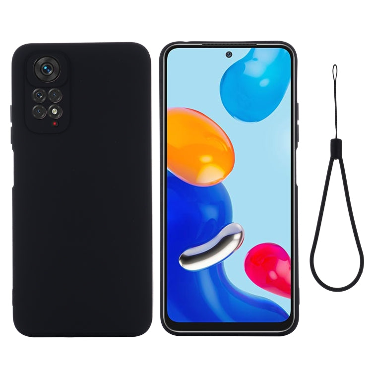 Black liquid silicone phone case with camera cutouts and lanyard strap