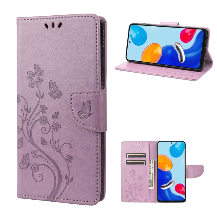 Light purple flip leather phone case with embossed butterfly pattern and side button cutouts
