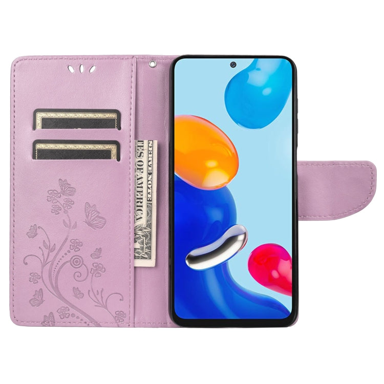 Light purple flip leather phone case with embossed butterfly design and card slots