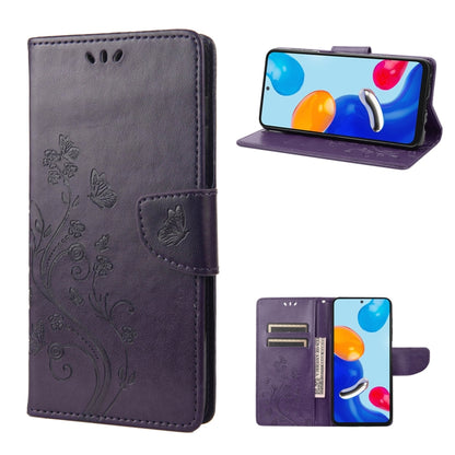 Dark purple flip leather phone case with embossed butterfly and floral swirl design