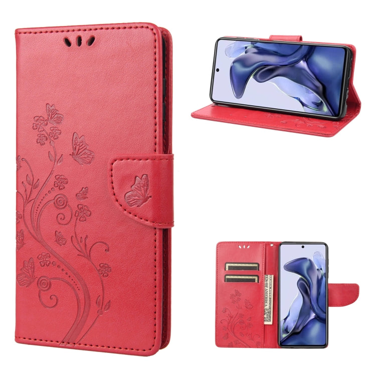 Red embossed butterfly flip leather phone case with folio card slots