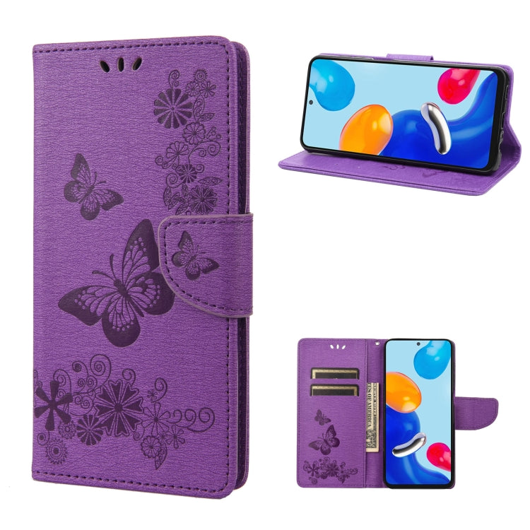 Purple butterfly embossed flip leather phone case with folio flap and strap