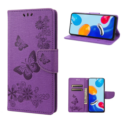 Purple butterfly embossed flip leather phone case with folio flap and strap