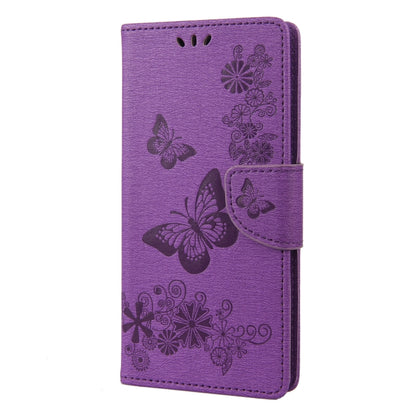 Purple butterfly embossed leather folio phone case, front view with flip cover