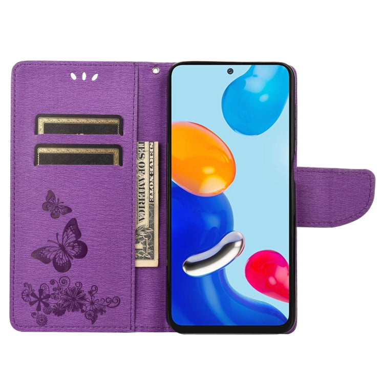 Purple flip leather phone case with butterfly pattern, holding phone in stand mode
