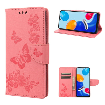 Pink butterfly embossed leather flip phone case with card slots and stand feature