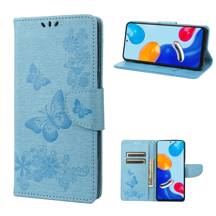 Blue butterfly embossed leather flip phone case with card slots and stand feature