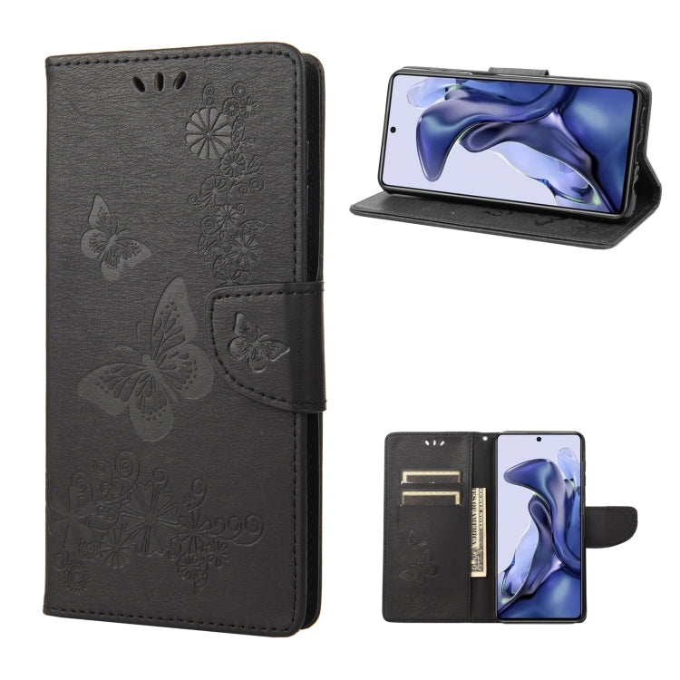 Black butterfly embossed leather flip phone case with card slots and stand feature