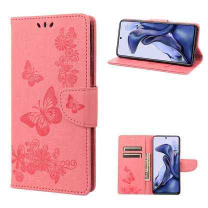 Light pink butterfly embossed leather flip phone case with card slots and stand feature