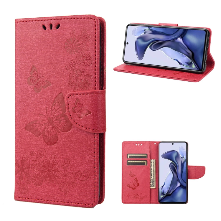 Red butterfly embossed leather flip phone case with card slots and stand feature