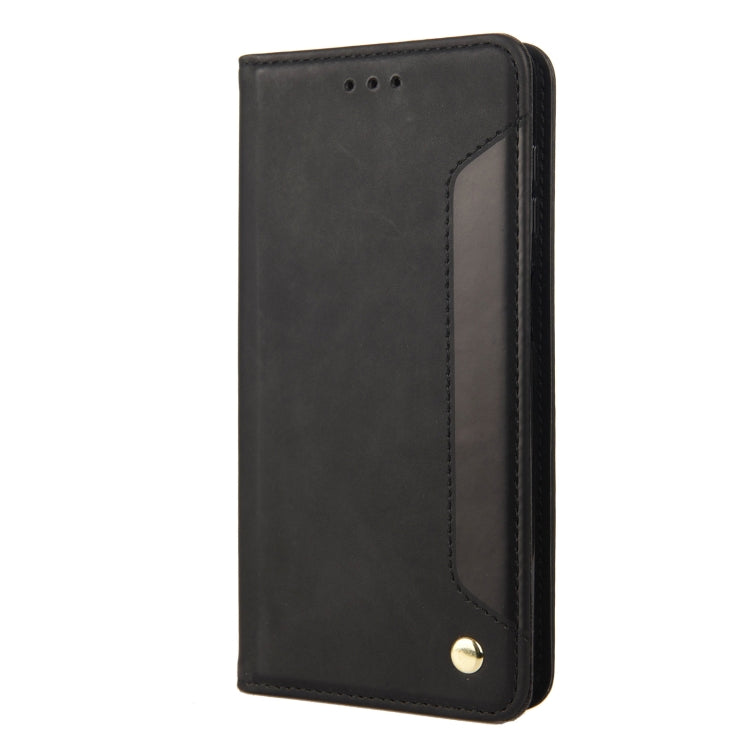 Black magnetic leather flip phone case with cutouts and gold snap button