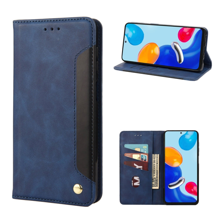 Blue leather flip phone case with magnetic closure, card slots and stand view