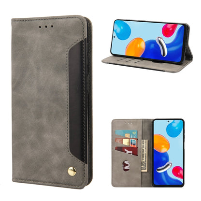 Grey leather flip phone case with magnetic closure, card slots and stand view