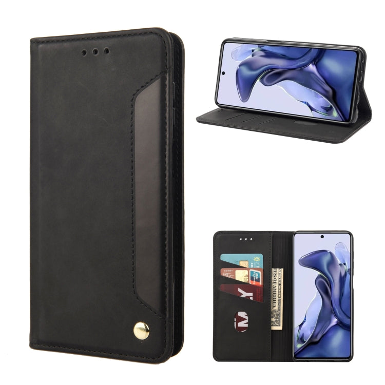 Black magnetic leather flip phone case with card pocket and folio stand