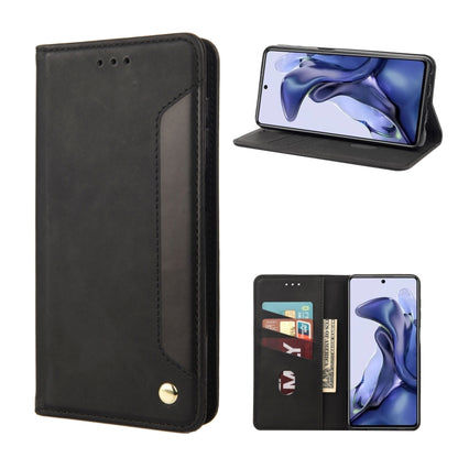 Black magnetic leather flip phone case with card pocket and folio stand