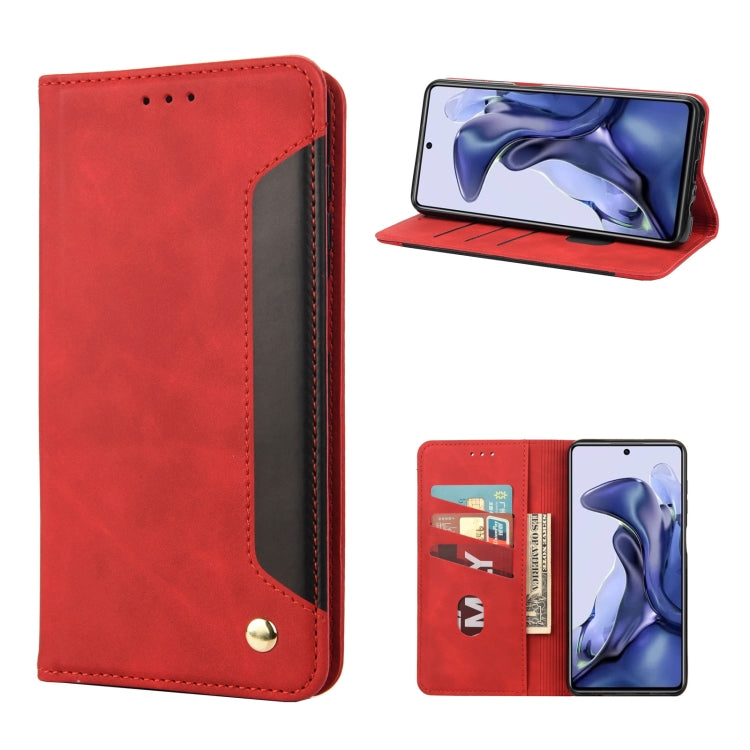 Red leather flip phone case with magnetic closure, card slots and stand view