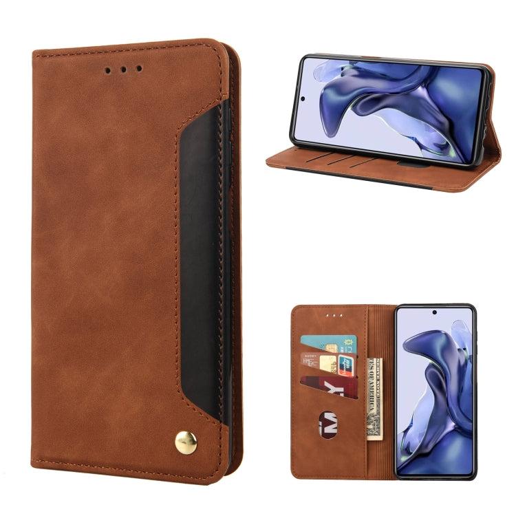 Brown leather flip phone case with magnetic closure, card slots and stand view